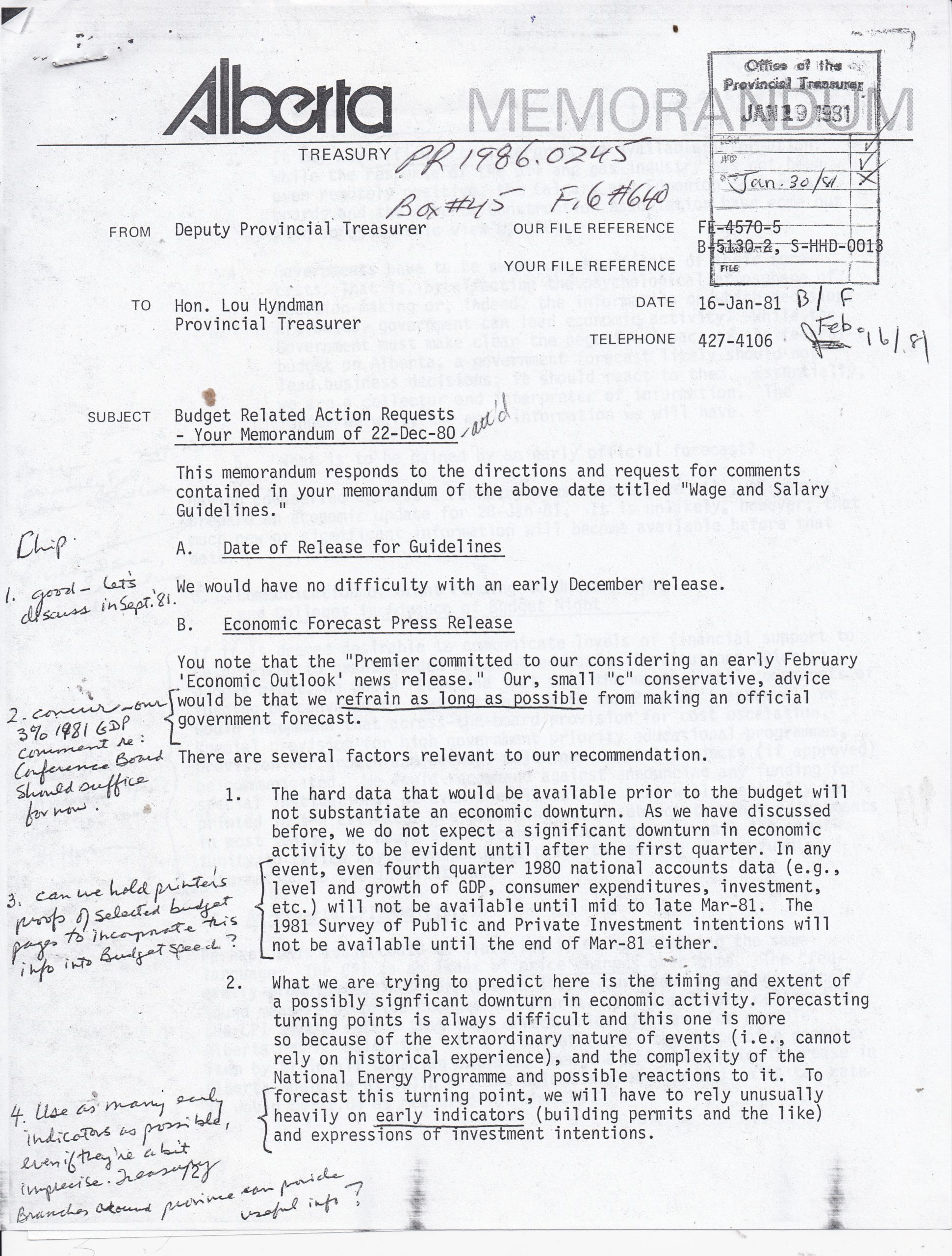 Hyndman Papers- Budget 1981 preparations